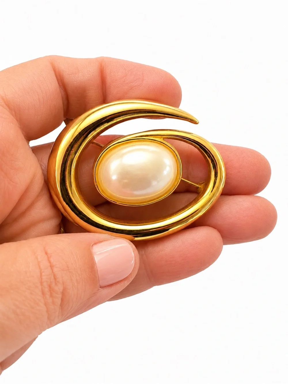 Vintage Monet Gold Tone Faux Pearl Brooch – Modernist Swirl Statement Pin